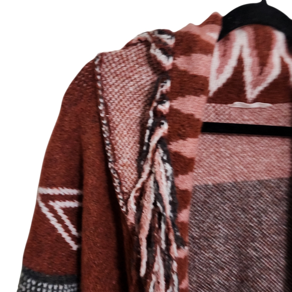 Open-Front Fringe Cardigan Sweater - Rust Pink Pattern - Picture 6 of 8